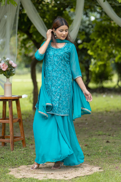 Embroidered Turquoise Georgette Kurta Set with Flared Pants & Dupatta