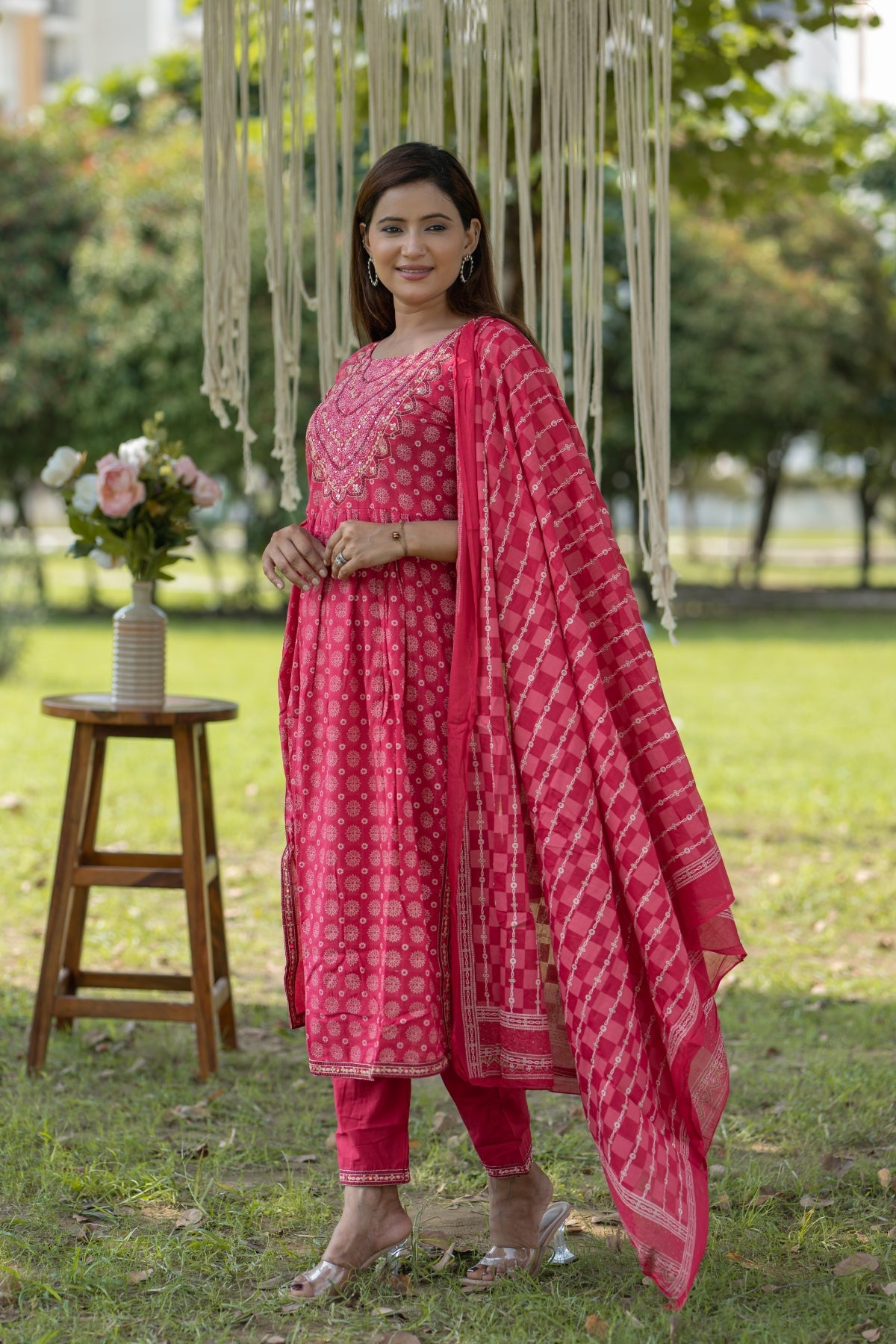 Dark Pink Bandhani Print Cotton Anarkali Kurta with Trouser & Dupatta Set