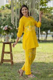 Vibrant Yellow Cotton Embroidered Coord Set