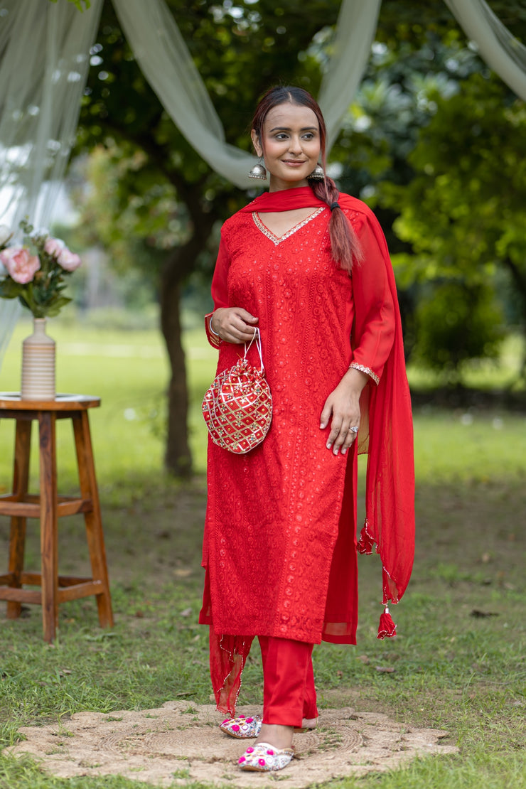 Elegant Red Embroidered Traditional Kurta Set with Potli Bag