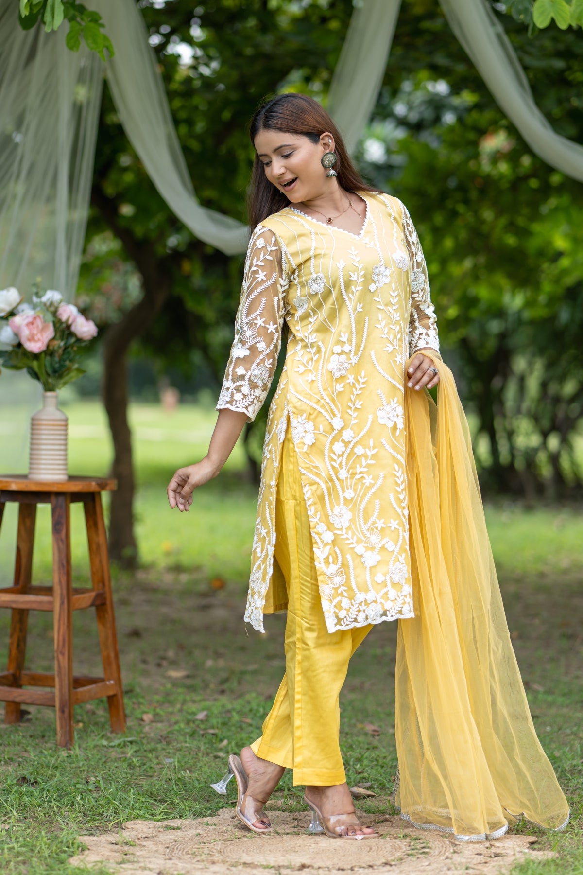 Bright Yellow Embroidered Kurta Set with Sheer Dupatta