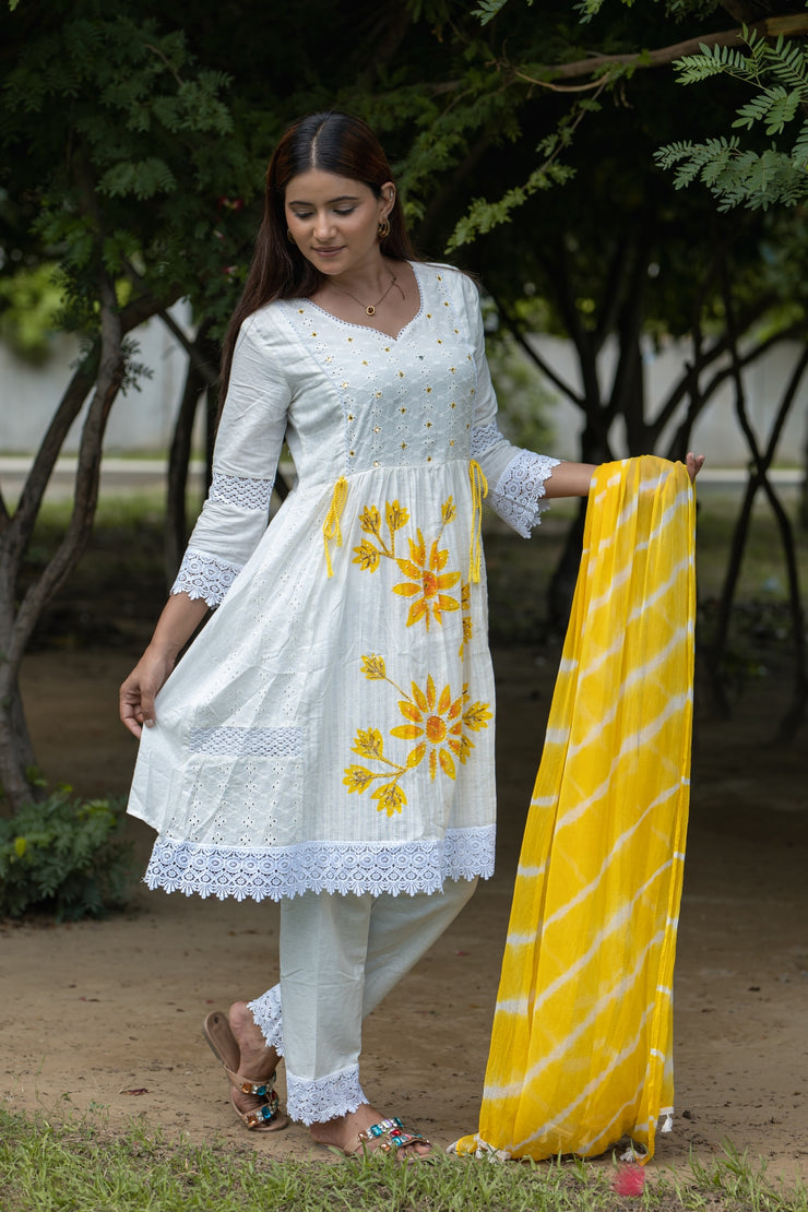 Soft White Floral Embroidered Cotton Kurta Set with Yellow Accents