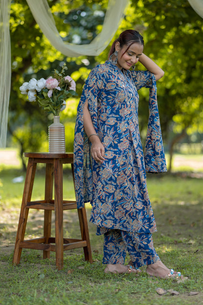 Blue Floral Printed Cape-Style Cotton Kurta Set