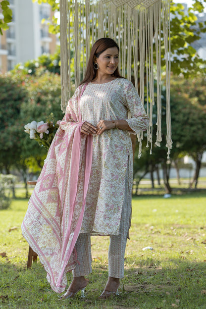 Pink Cotton Printed Anarkali Kurti Pant Dupatta Set - Women's Ethnic Wear