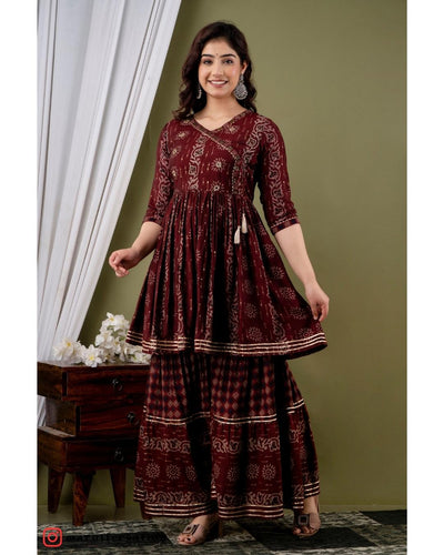 Wine Muslin Embroidered Sharara with Dupatta Set - Elegant Ethnic Ensemble