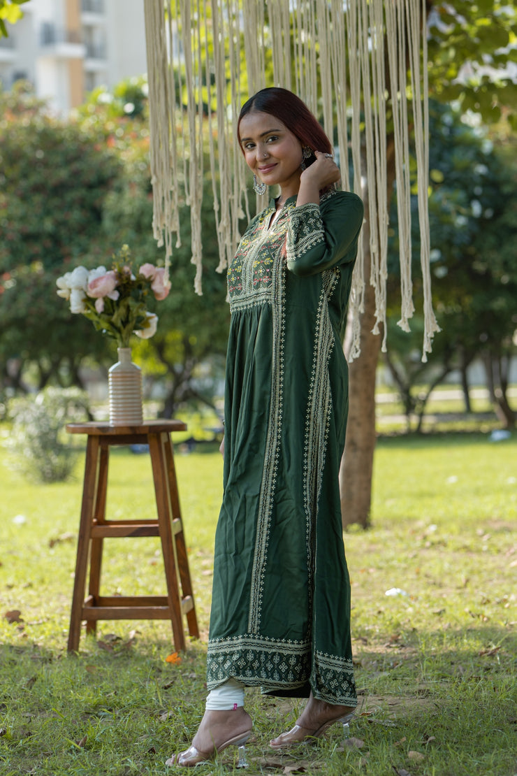 Women's Embroidered Viscose Rayon Anarkali Suit & Pant - Dark Green