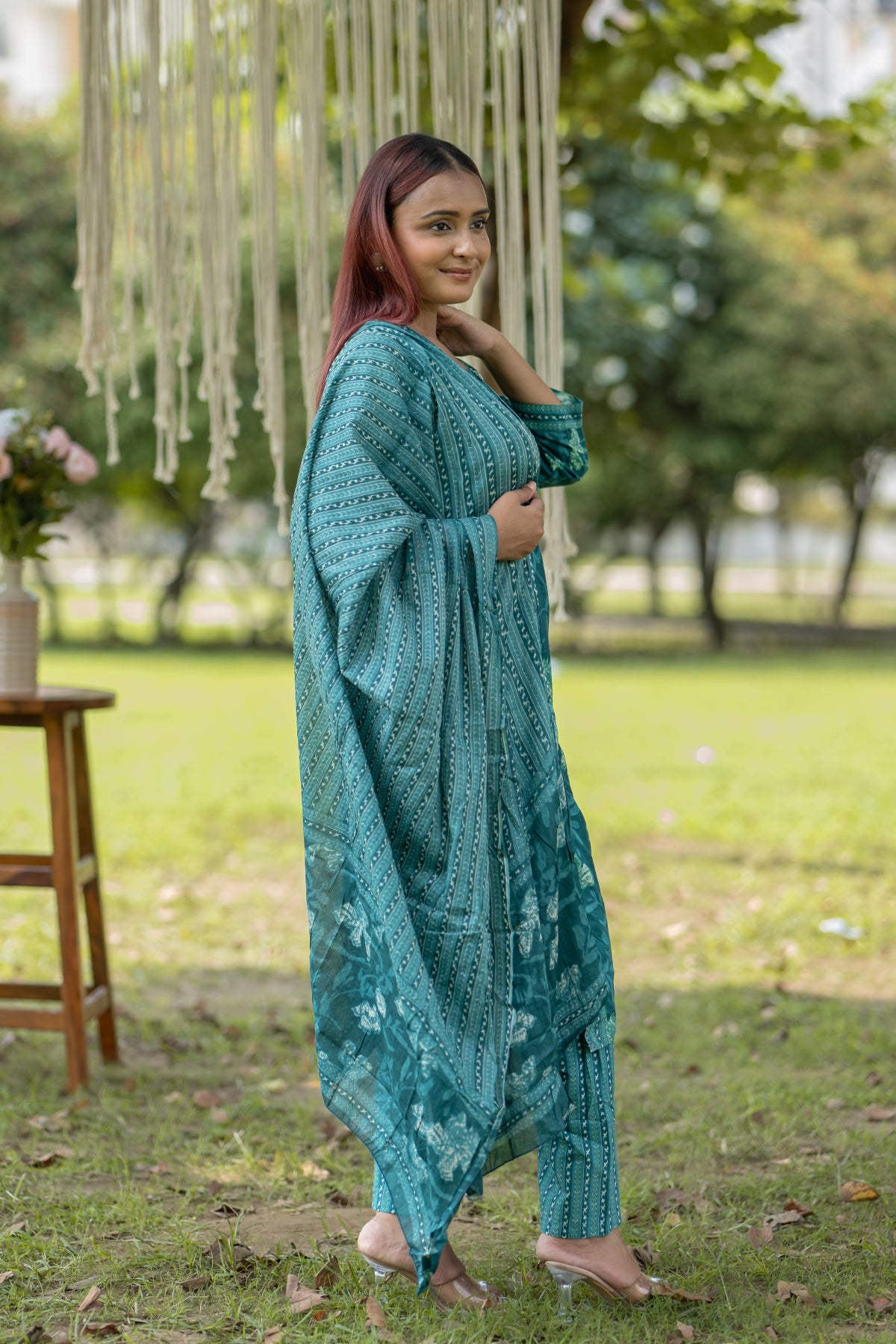 Green Cotton Printed Kurti with Embroidery on Neck and Mulmul Dupatta