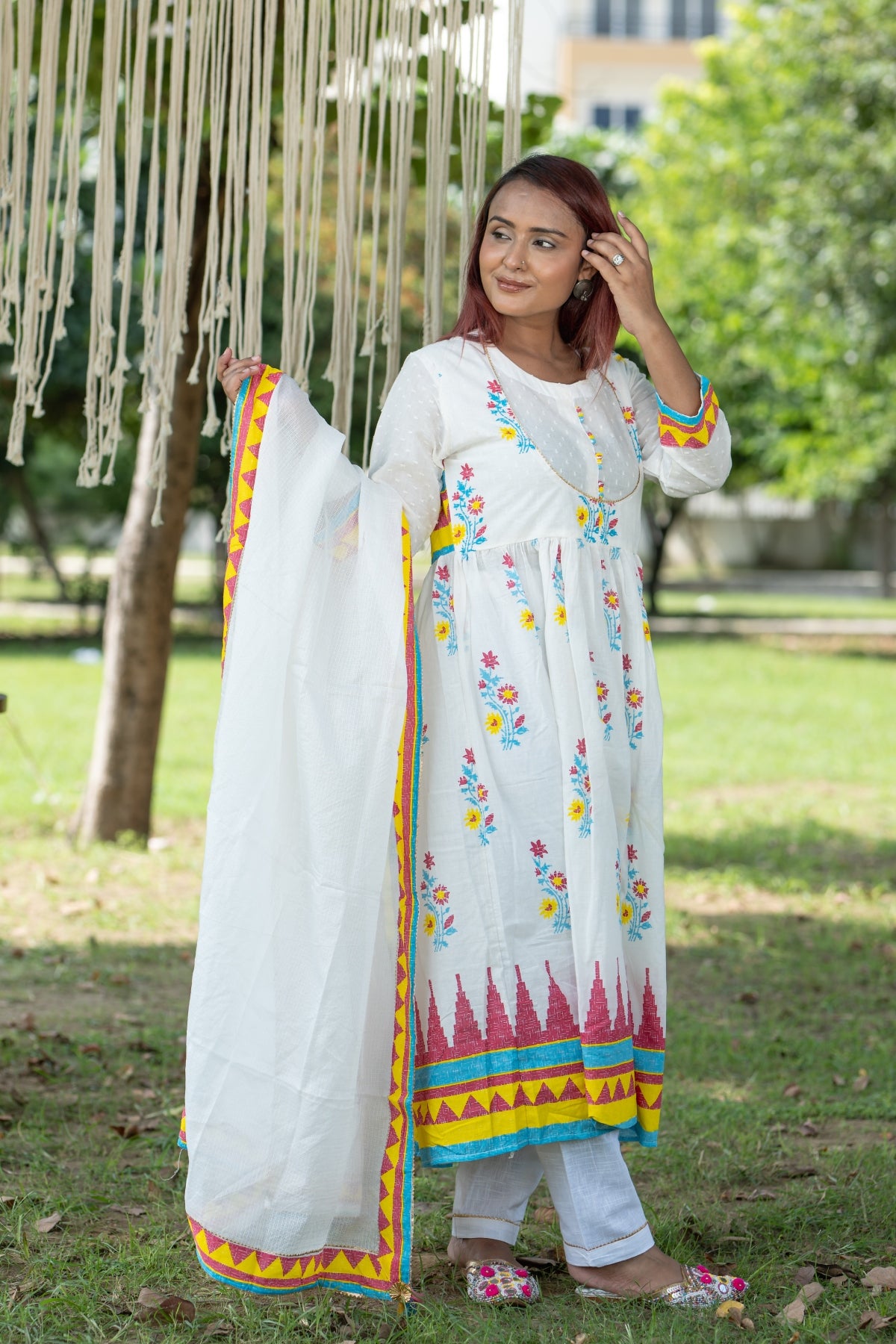 Handmade White Cotton Anarkali Gown Kurti Pant Dupatta Set - Women's Floral Print Ethnic Wear