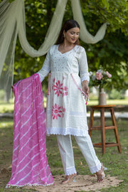 Soft White Floral Embroidered Cotton Kurta Set with Pink Accents