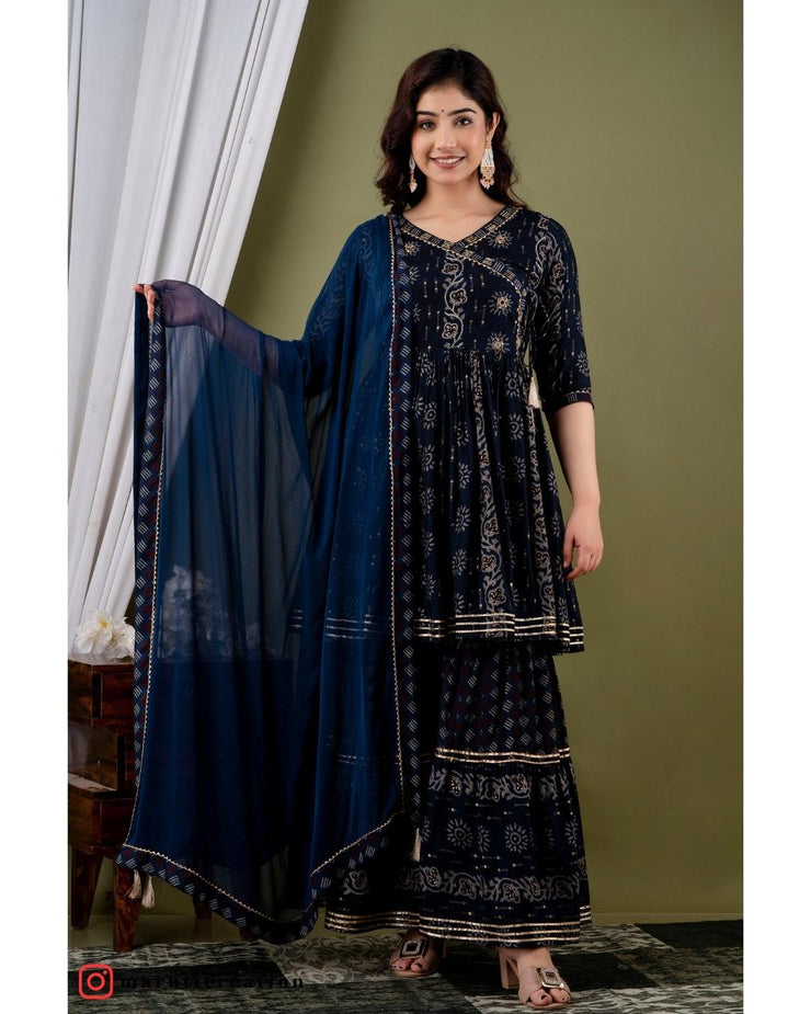 Blue Muslin Embroidered Sharara with Dupatta Set - Elegant Ethnic Ensemble