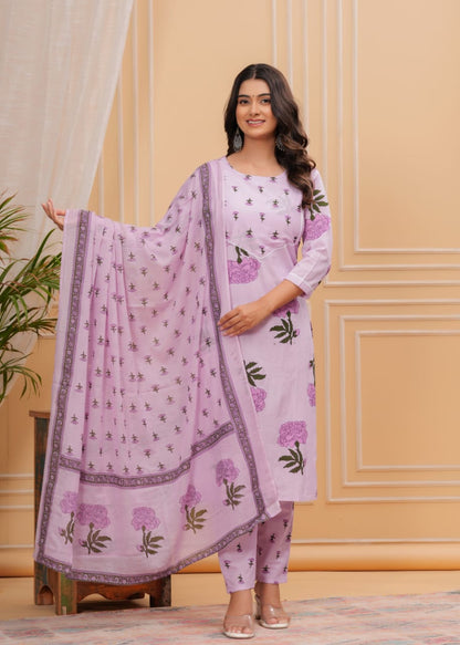 Purple Hand Block Floral Printed Pure Cotton Kurti Pant Set with Dupatta