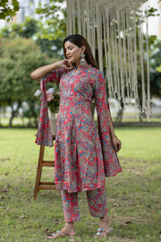 Red Floral Printed Cape-Style Cotton Kurta Set