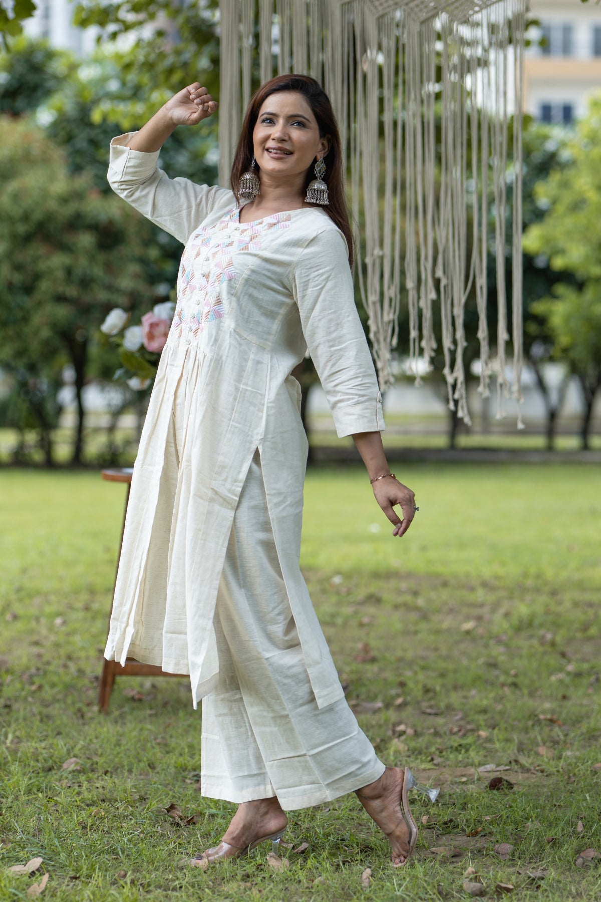 Elegant Khadi Cotton Kurti with Embroidered Yoke and Palazzo Set - Women's Ethnic Wear