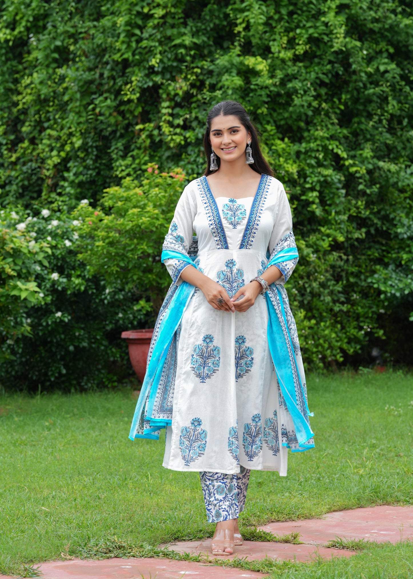 Block Printed White & Blue Cotton Straight Suit with Embroidered Neck Detailing