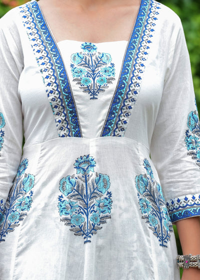 Block Printed White & Blue Cotton Straight Suit with Embroidered Neck Detailing