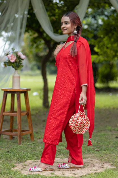 Elegant Red Embroidered Traditional Kurta Set with Potli Bag