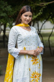 Soft White Floral Embroidered Cotton Kurta Set with Yellow Accents