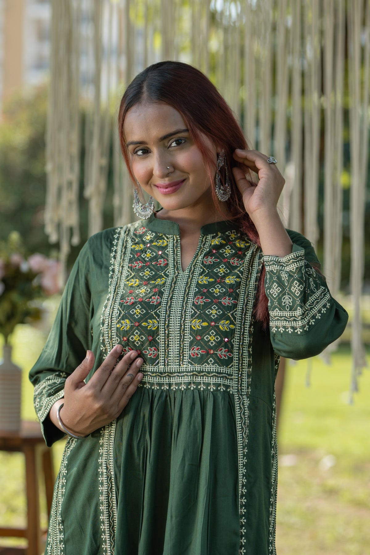 Women's Embroidered Viscose Rayon Anarkali Suit & Pant - Dark Green