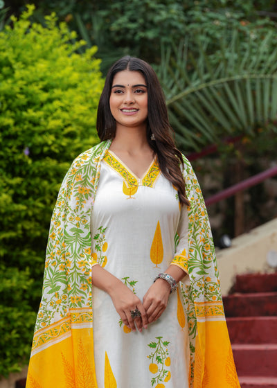 Yellow Cotton Floral Boota Printed Kurta Set with Mulmul Dupatta