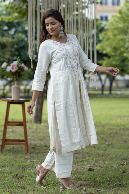 Elegant Khadi Cotton Kurti with Embroidered Yoke and Palazzo Set - Women's Ethnic Wear