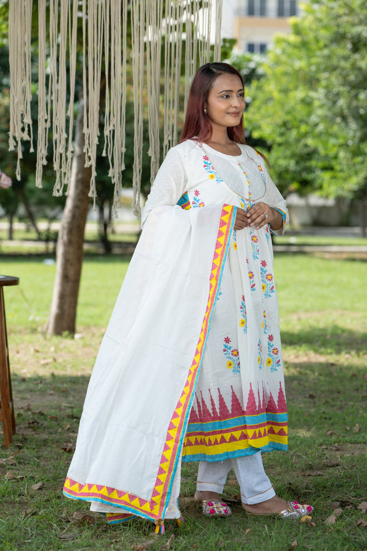 Handmade White Cotton Anarkali Gown Kurti Pant Dupatta Set - Women's Floral Print Ethnic Wear