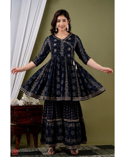 Blue Muslin Embroidered Sharara with Dupatta Set - Elegant Ethnic Ensemble