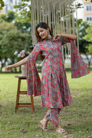 Red Floral Printed Cape-Style Cotton Kurta Set