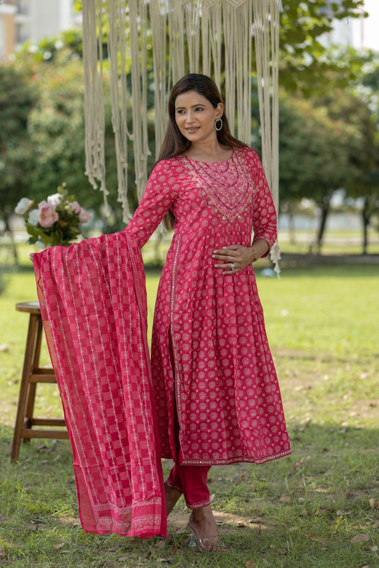 Dark Pink Bandhani Print Cotton Anarkali Kurta with Trouser & Dupatta Set