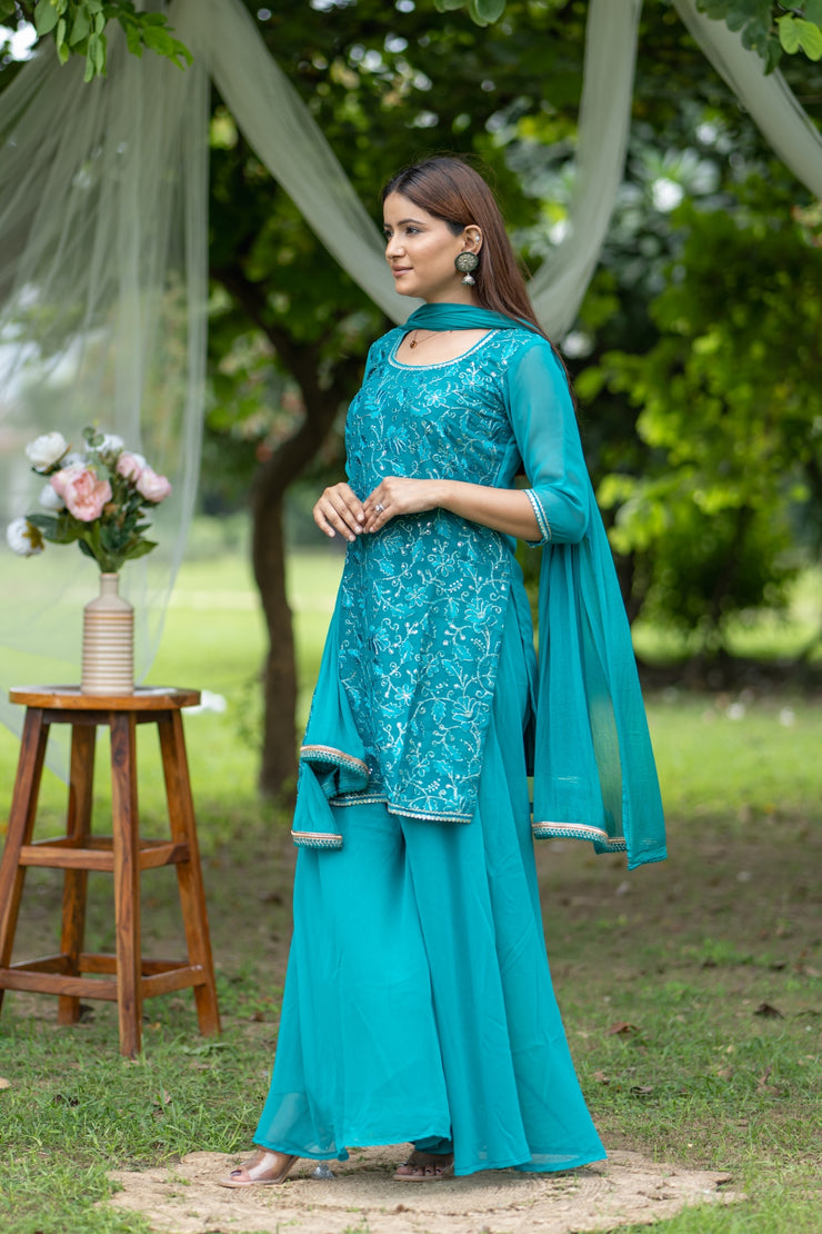 Embroidered Turquoise Georgette Kurta Set with Flared Pants & Dupatta