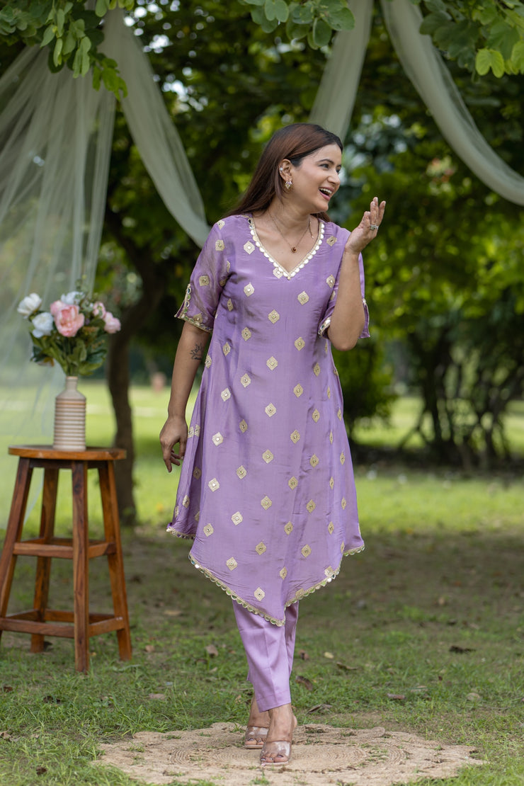 Lavender Gold Block-Printed Kurta Set