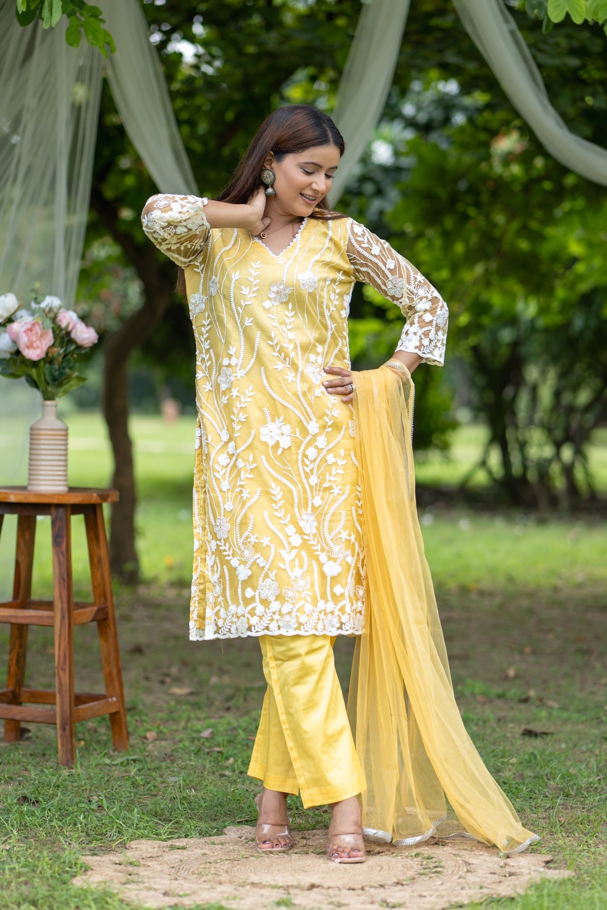 Bright Yellow Embroidered Kurta Set with Sheer Dupatta