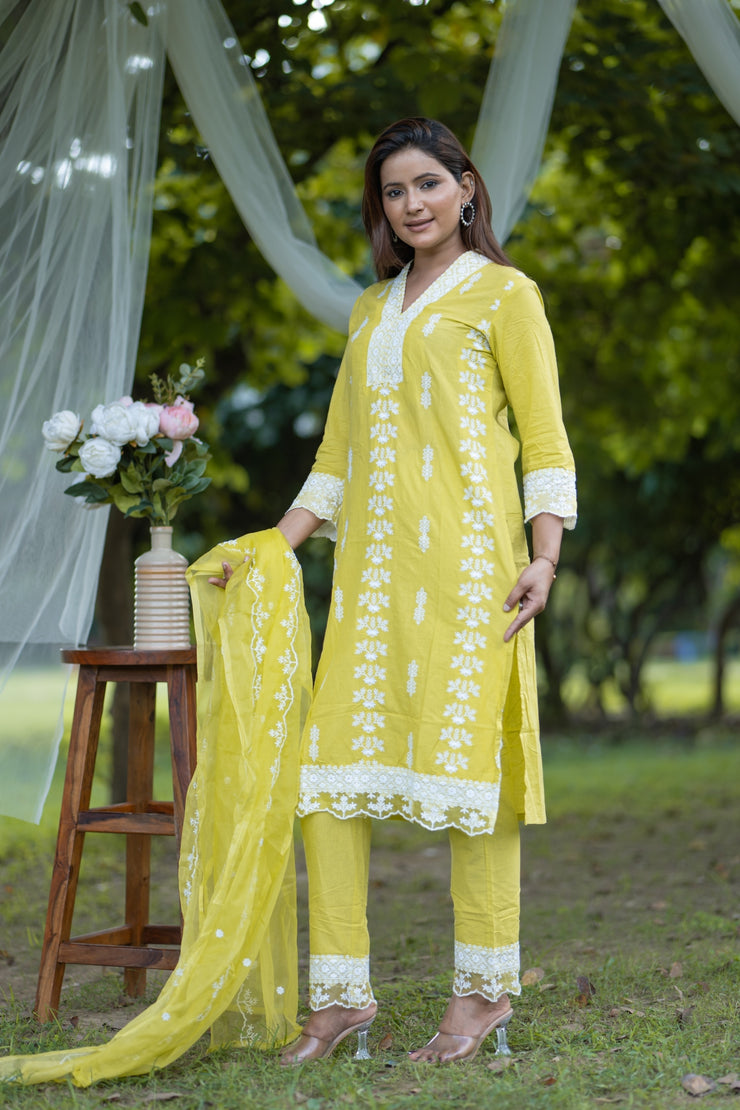 Vibrant Greenish Beige Embroidered Cotton Suit