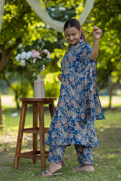 Blue Floral Printed Cape-Style Cotton Kurta Set