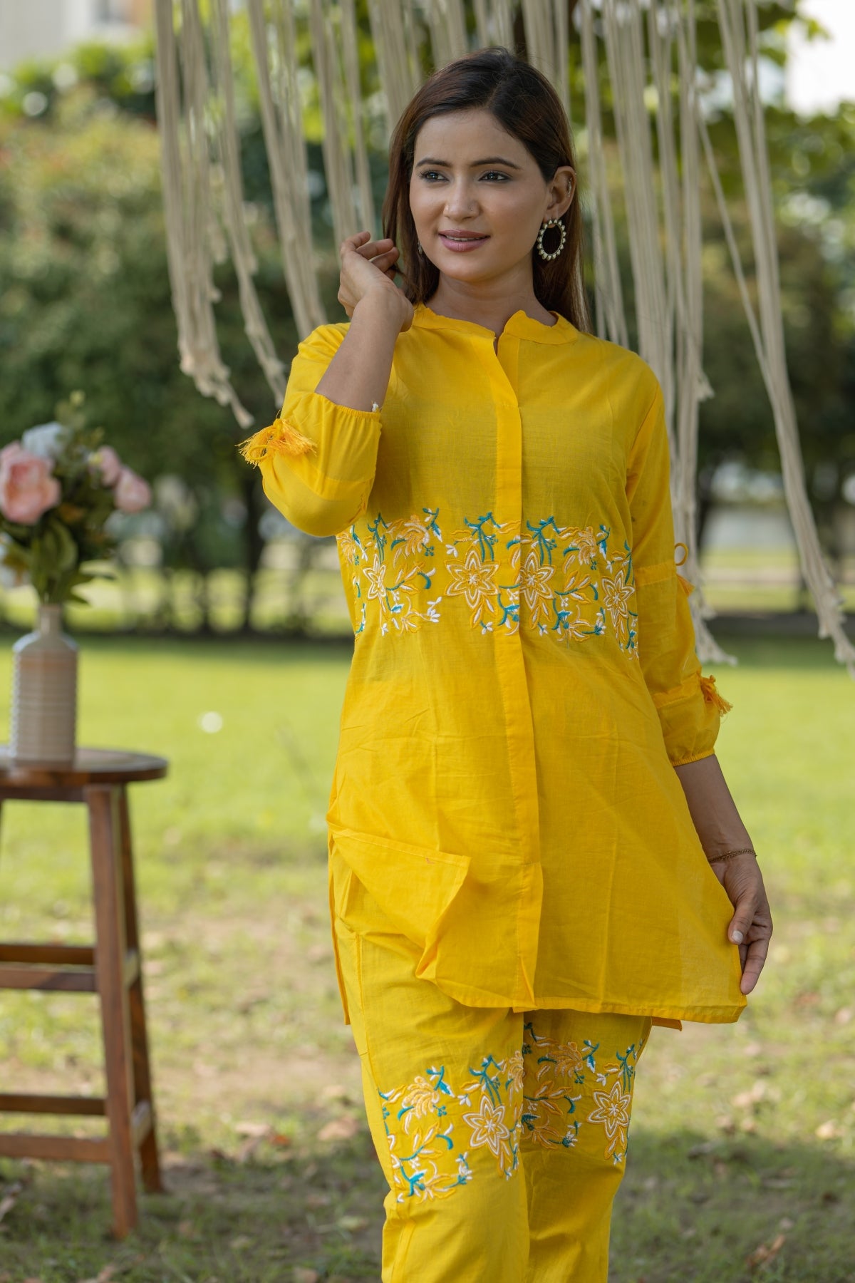 Vibrant Yellow Cotton Embroidered Coord Set