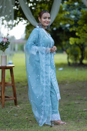 Vibrant Carolina Blue Embroidered Cotton Suit