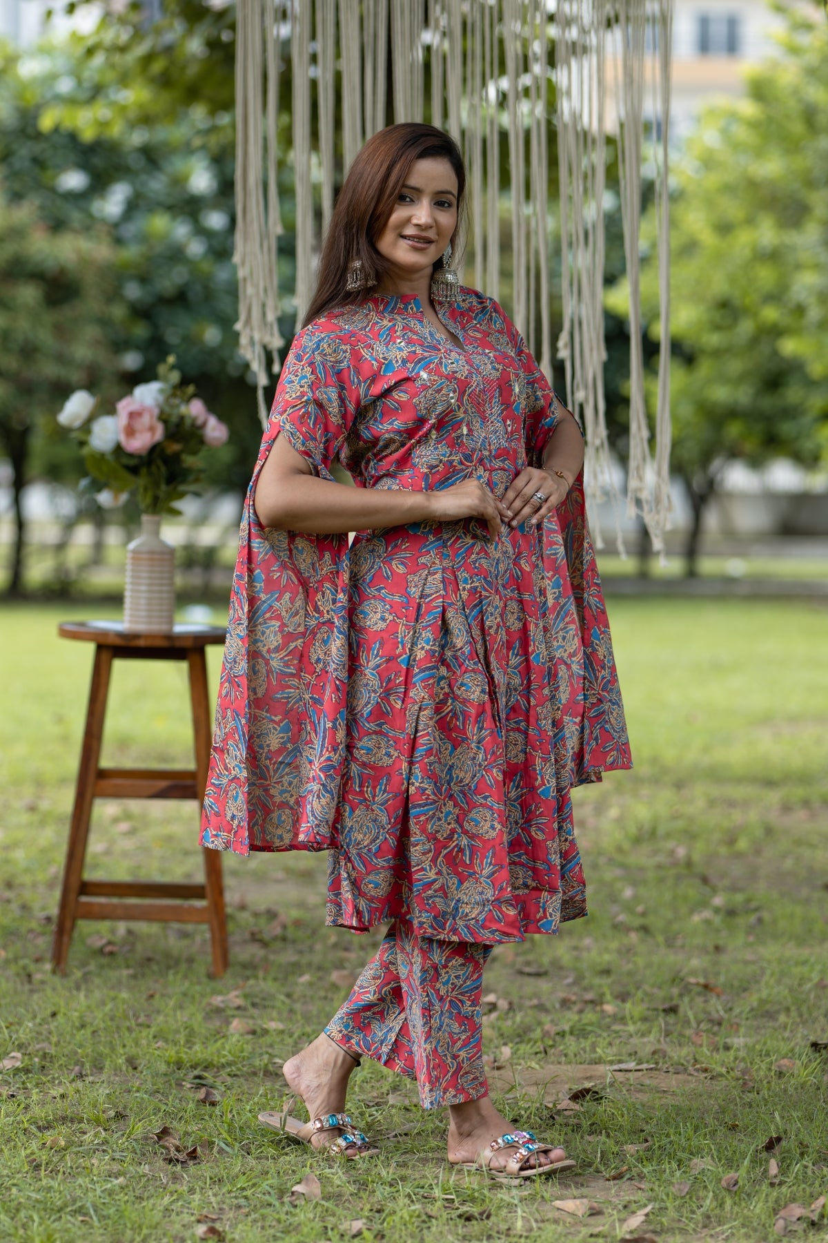 Red Floral Printed Cape-Style Cotton Kurta Set