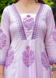 Block Printed Purple Cotton Straight Suit with Embroidered Neck Detailing