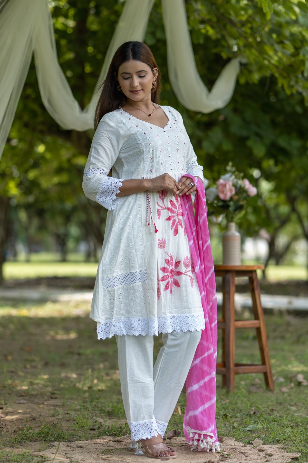 Soft White Floral Embroidered Cotton Kurta Set with Pink Accents