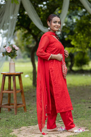 Elegant Red Embroidered Traditional Kurta Set with Potli Bag