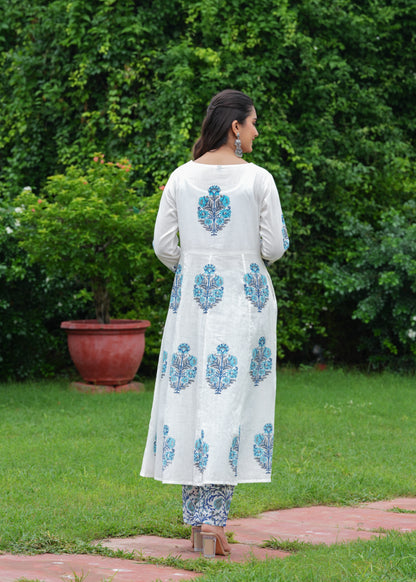 Block Printed White & Blue Cotton Straight Suit with Embroidered Neck Detailing