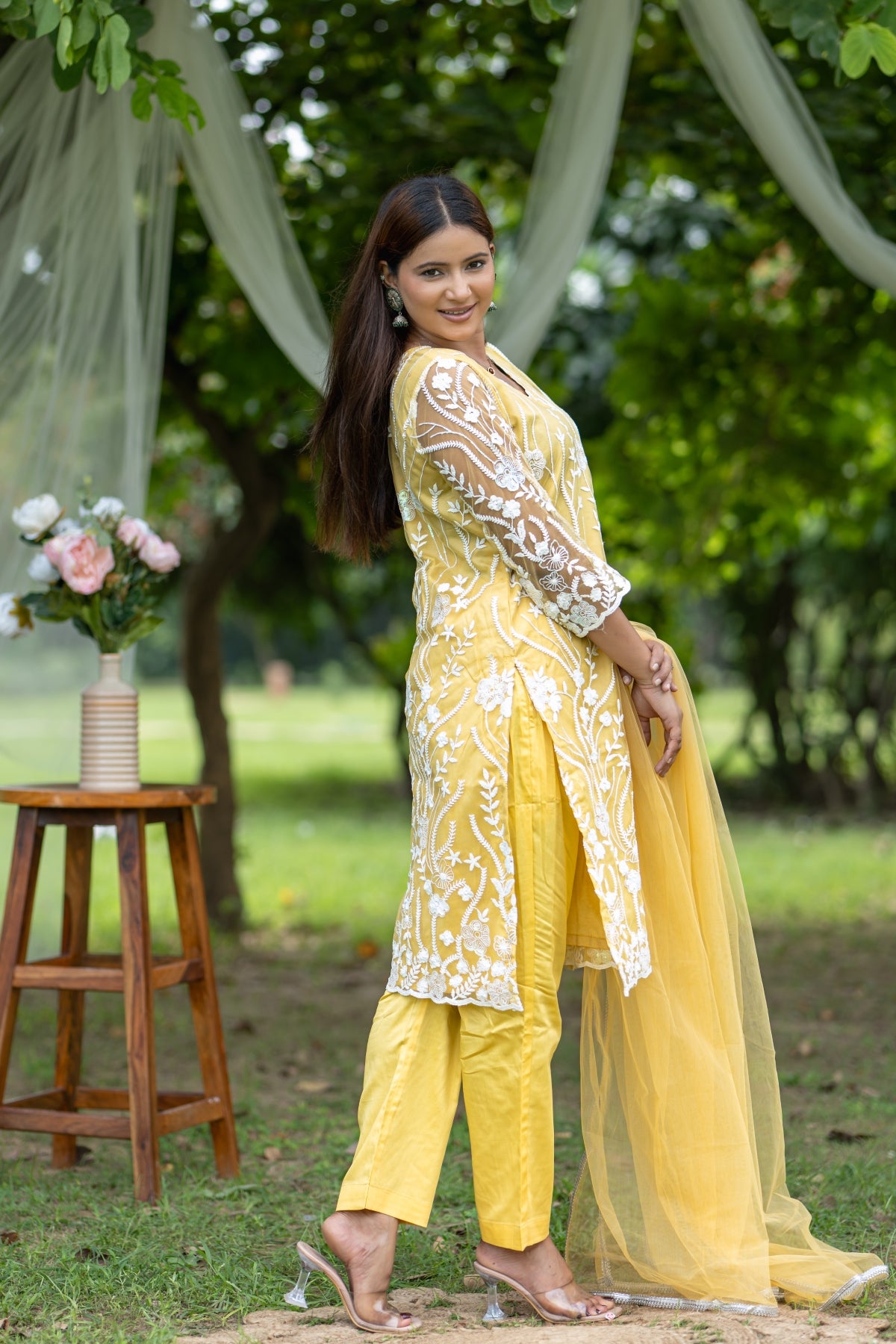 Bright Yellow Embroidered Kurta Set with Sheer Dupatta