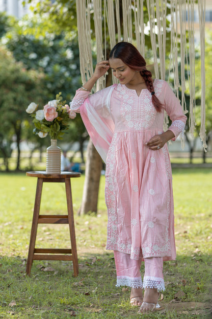 Soft Pink Embroidered Cotton Anarkali Suit