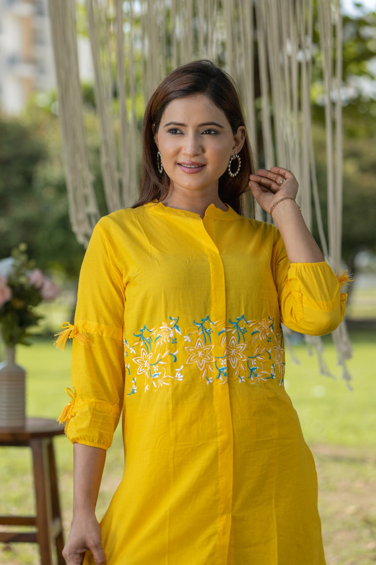 Vibrant Yellow Cotton Embroidered Coord Set