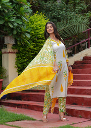 Yellow Cotton Floral Boota Printed Kurta Set with Mulmul Dupatta