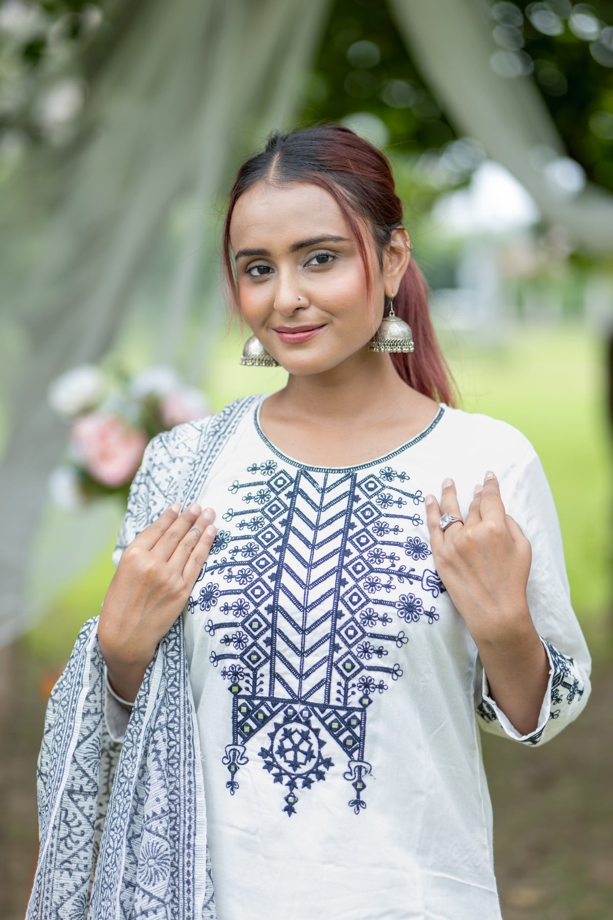 White Embroidered Viscose Rayon Blend Kurta Set with Pant & Dupatta