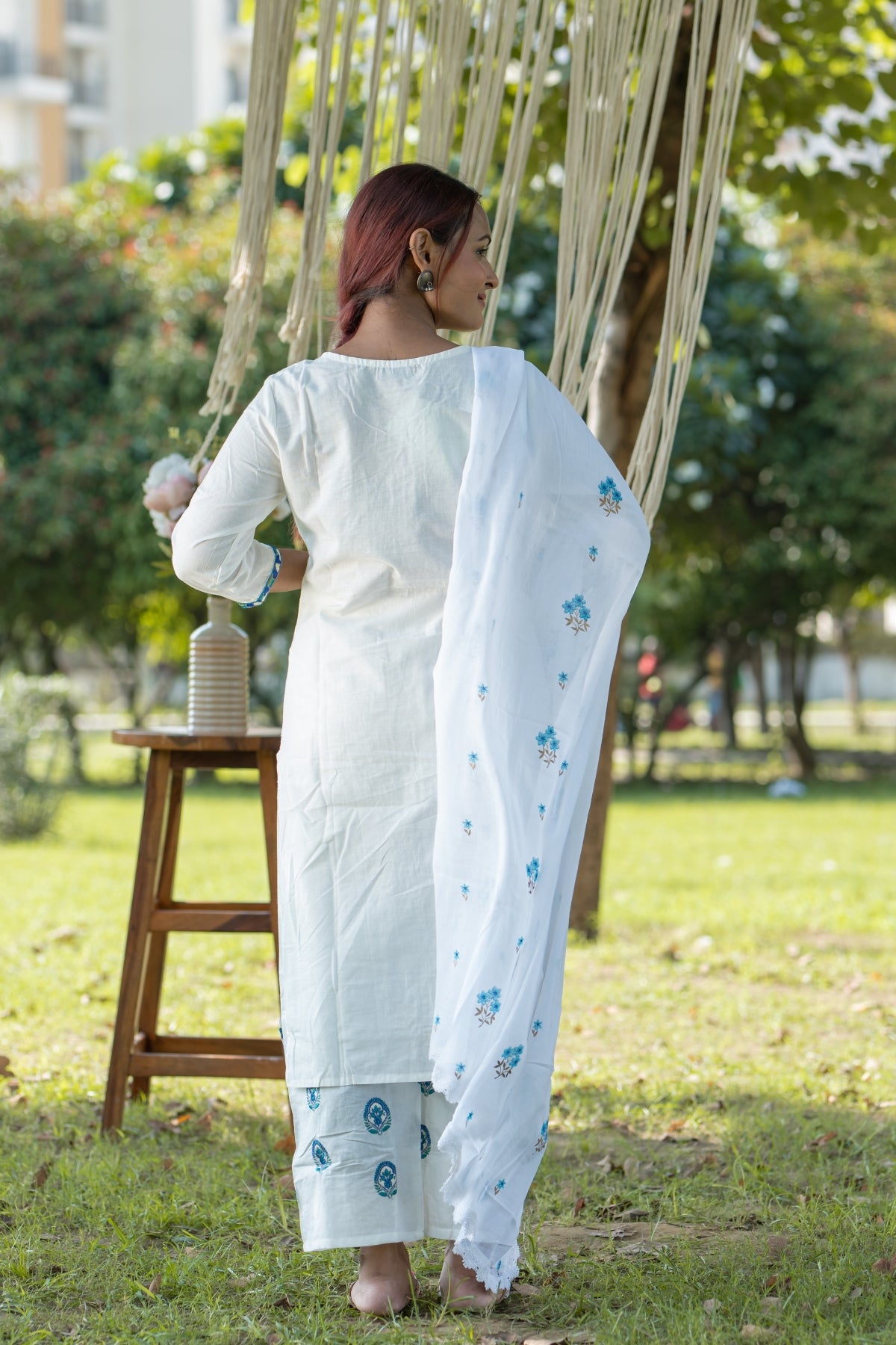 Off-White Floral Embroidered Cotton Kurta Palazzo Dupatta Set for Women