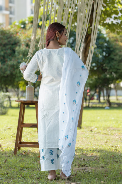 Off-White Floral Embroidered Cotton Kurta Palazzo Dupatta Set for Women