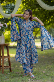 Blue Floral Printed Cape-Style Cotton Kurta Set