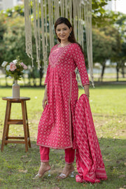 Dark Pink Bandhani Print Cotton Anarkali Kurta with Trouser & Dupatta Set