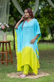 Elegant Tie-Dye Blue & Lime Kaftan Set with Embroidered Detail